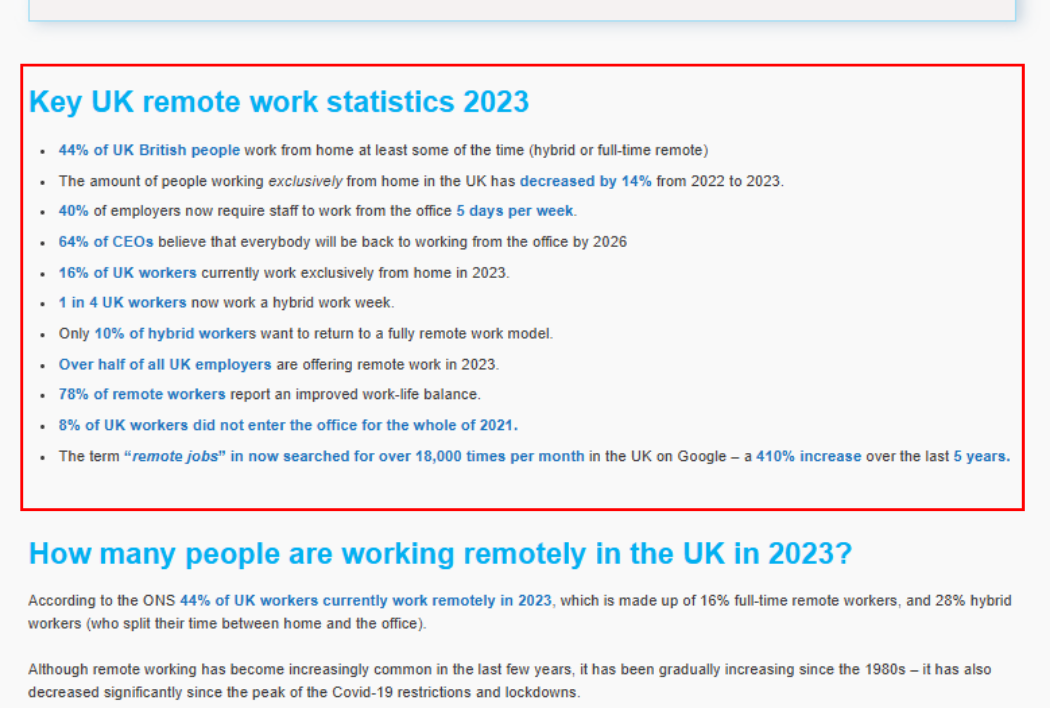 Key statistics section